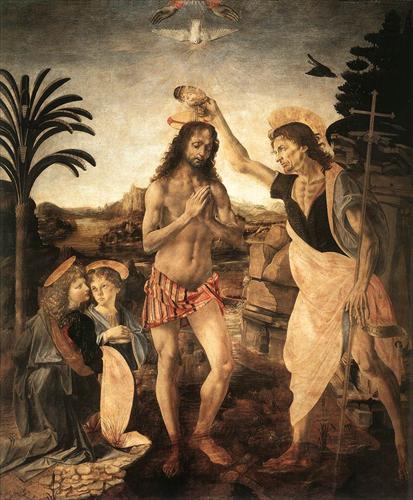 1. 1452 - 1519, Leonardo da Vinci - L. da Vinic i Verrocchio, 1473-75, Chrzest Chrystusa.jpg